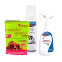 Kit antiparásitos y de higiene para perros con toallitas absorbentes FarmCompany, champú en espuma Trixie y spray repelente de insectos.