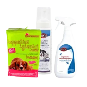 Kit antiparásitos y de higiene para perros con toallitas absorbentes FarmCompany, champú en espuma Trixie y spray repelente de insectos.