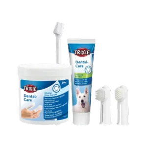 Kit de higiene dental para perros con pasta de dientes Trixie, cepillos de dedo, cepillo largo y toallitas dentales.