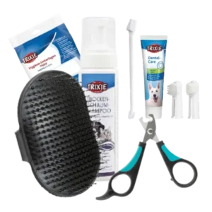 Kit de higiene para perros con cepillo de goma, champú en espuma, pasta dental, toallitas, tijeras cortaúñas y cepillos de dedo.