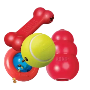 Juguetes interactivos y resistentes para perro marca KONG con dispensador de premios