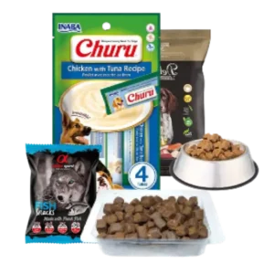 Snacks húmedos y semihúmedos para perro – Churu de pollo con atún, premios blandos de carne y snacks de pescado, golosinas sabrosas y naturales para perros.