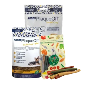 Snacks dentales para perro PlaqueOff y Garden Bites – premios funcionales para higiene oral canina, ideales para eliminar el sarro y cuidar los dientes del perro.