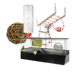 Accesorios para roedores y pequeños mamíferos, incluye jaula, bebedero, juguetes y elementos para su entretenimiento.