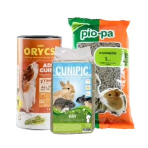 Comida para roedores y pequeños mamíferos, incluye heno, pellets y pienso para conejos, cobayas y hámsters.
