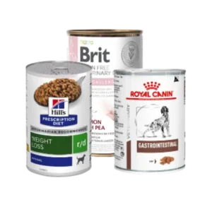 Alimentación veterinaria húmeda para perro, dietas especiales recomendadas por veterinarios. Comida húmeda para perros con problemas digestivos, de peso o alergias. Nutrición terapéutica para la salud canina.