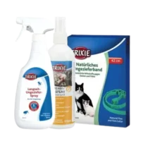 Antiparasitarios y repelentes para gato: collar antipulgas, spray repelente y productos para eliminar parásitos en gatos.