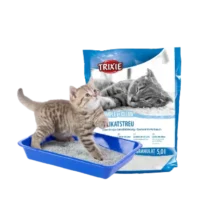 Arena para gato con bandeja sanitaria y gatito usando la caja de arena. Arena absorbente para gatos, lecho sanitario para gato.