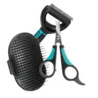 Cepillos, tijeras y herramientas de peluquería para perro, accesorios para el cuidado y mantenimiento del pelaje.