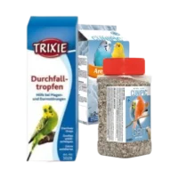 Productos para limpieza y salud de aves como periquitos y canarios, incluyendo grit, arena y gotas digestivas.