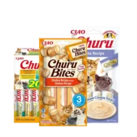 Snacks Churu para gatos – premios cremosos y sabrosos para gatos en variedad de sabores como pollo y atún.