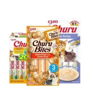 Snacks Churu para gatos – premios cremosos y sabrosos para gatos en variedad de sabores como pollo y atún.
