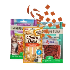 Snacks para gato, bocaditos de pollo y atún, golosinas naturales y saludables para gatos.