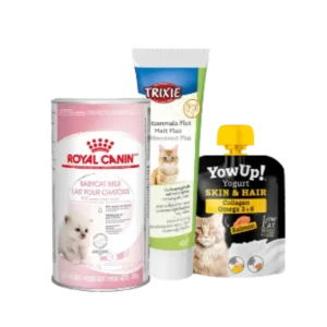 Suplementos para gato: leche maternizada, malta y complemento nutricional para piel y pelo. Vitaminas y apoyo alimenticio para gatos.
