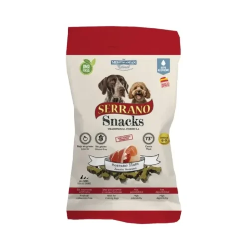 pack frontal de los snacks Mediterranean Natural Serrano Snacks De Jamón Serrano Para Perros