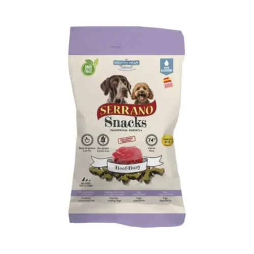 pack frontal de los snacks Mediterranean Natural Serrano Snacks De Buey Para Perros
