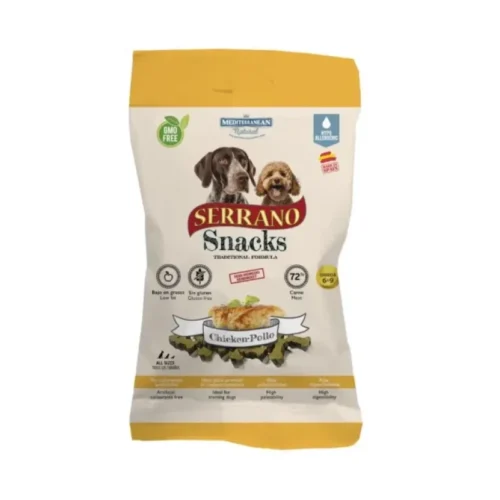 pack frontal de los snacks Mediterranean Natural Serrano Snacks De Pollo Para Perros