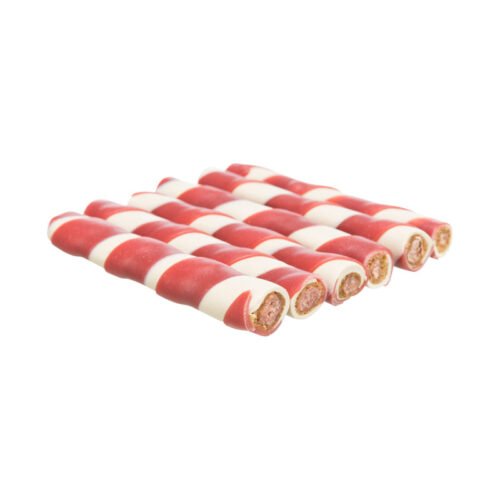 múltiples rollitos masticables en espiral rojo y blanco