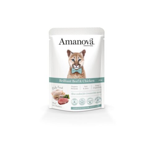 pack frontal del producto Amanova Brilliant Beef & Chicken Comida Húmeda Grain Free para Gato Adulto