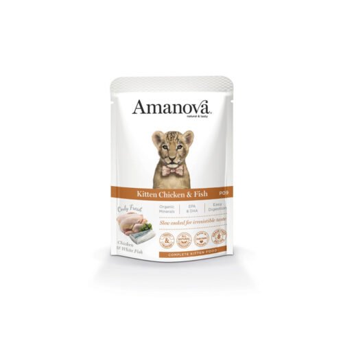 Pack frontal del producto Amanova P09 Kitten Exquisite Chicken & Fish alimento húmedo para gatitos