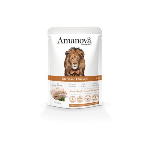 Pack frontal del producto Amanova Sterilised Fresh Chicken comida húmeda pollo esterilizado