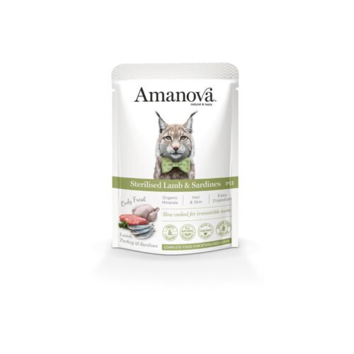 pack frontal del producto Amanova Sterilised Lamb & Sardinas Comida Húmeda Grain Free para Gato Adulto