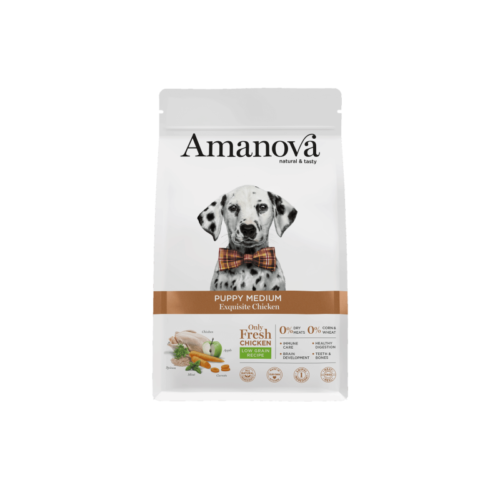 pack frontal de pienso hipoalergénico Amanova Puppy Medium Exquisite Chicken