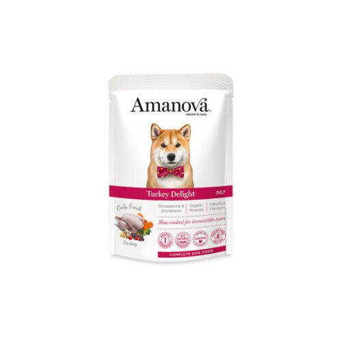 Pack frontal del producto Amanova Turkey Delight comida húmeda con pollo fresco