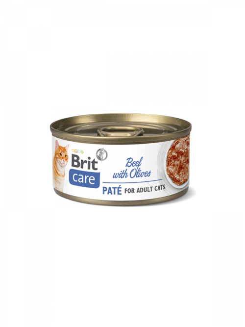 Lata frontal del producto Brit Care Cat Paté de Ternera con Aceitunas