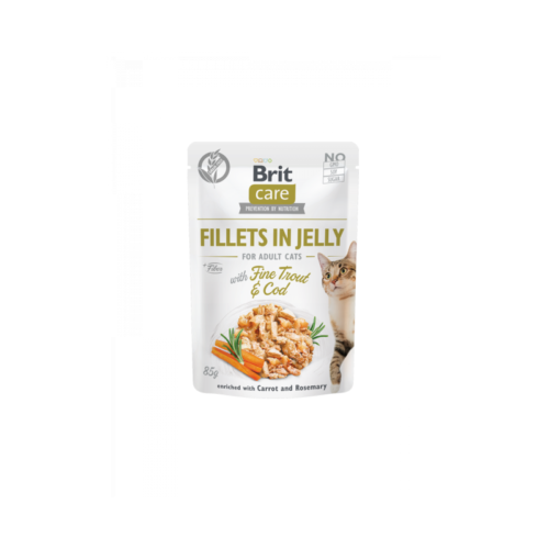 Sobre frontal del producto Brit Care Cat Pouch Trucha y Bacalao en Gelatina
