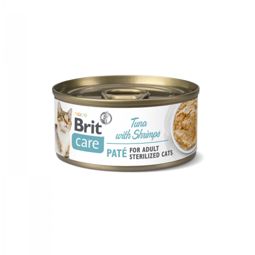 Lata frontal del producto Brit Care Cat Sterilized Paté de Atún con Gambas