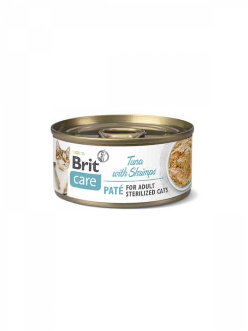 Lata frontal del producto Brit Care Cat Sterilized Paté de Atún con Gambas
