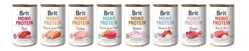 brit-mono-protein-comida-humeda-perro-adulto-cordero-arroz varias latas de la gama Brit Mono Protein incluyendo Brit Mono Protein Cordero y Arroz