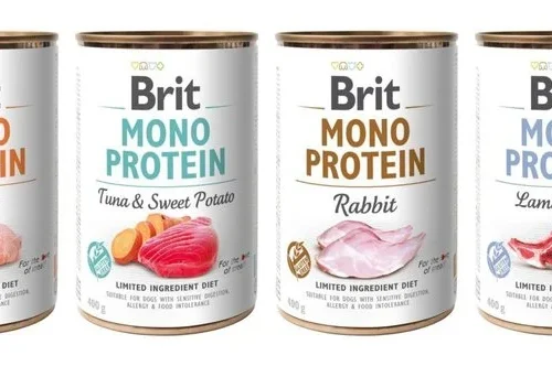 brit-mono-protein-comida-humeda-perro-adulto-cordero-arroz varias latas de la gama Brit Mono Protein incluyendo Brit Mono Protein Cordero y Arroz