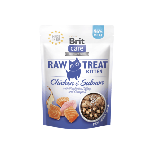 envase de Brit Raw Treat Cat Kitten Pollo Y Salmón Con Probióticos