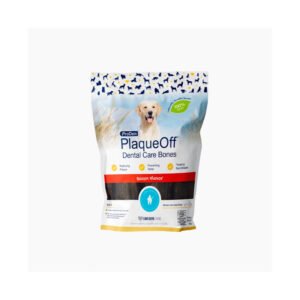 Bolsa de plaqueOff Bones Bacon Salud Oral Perro con perro dorado en portada