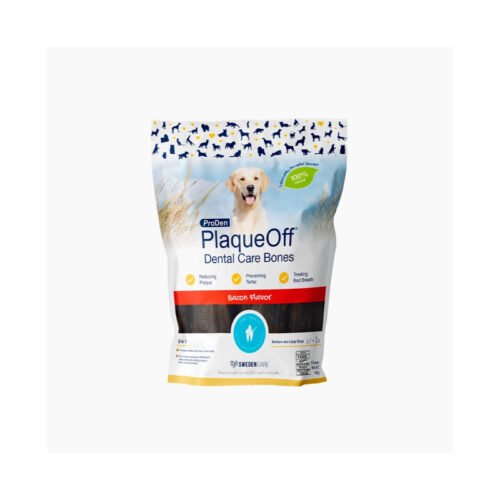 Bolsa de plaqueOff Bones Bacon Salud Oral Perro con perro dorado en portada