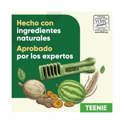 Snack dental Greenies Teenie y texto sobre aprobación de expertos