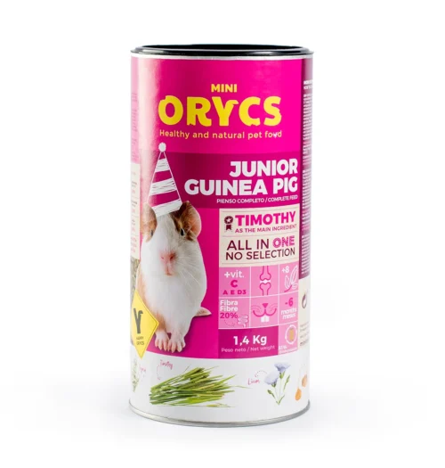 Orycs Alimento Para Cobayas Baby Junior Guinea Pig en envase cilíndrico rosa