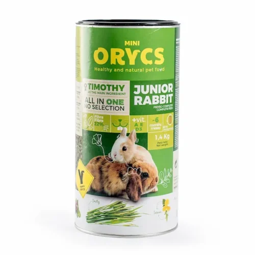 Orycs Alimento Para Conejo Baby, Enano Y Toy Junior Rabbit en envase cilíndrico verde