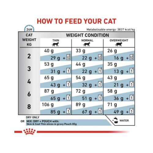 Royal Canin Skin & Coat Gato pienso para gatos tabla de raciones