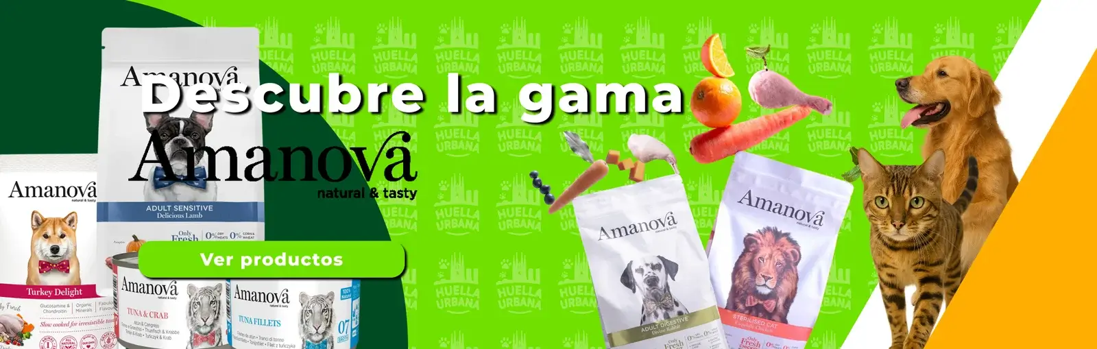Banner promocional de alimentos Amanova para perros y gatos