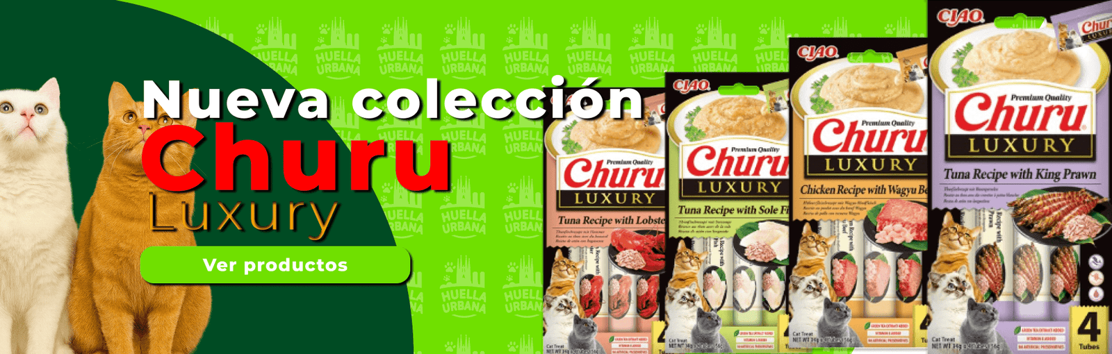Banner horizontal promocional de la nueva colección Churu Luxury con variedad de sabores
