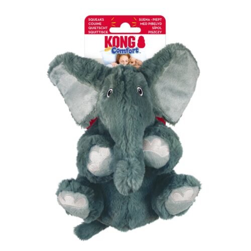 Juguete KONG Comfort Kiddos Elephant XS de peluche suave color gris con squeaker extraíble