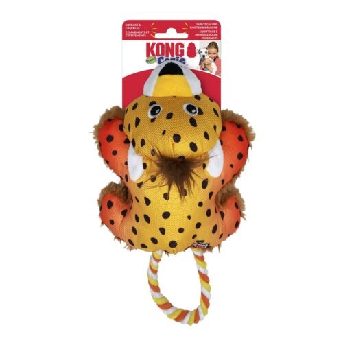 Empaque del juguete para perros KONG Cozie Tuggz Cheetah con sonidos de chirrido y crujido