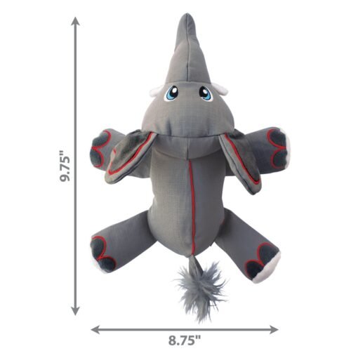 Dimensiones del juguete KONG Cozie Ultra Ella Elephant mostrando 9.75 pulgadas de alto y 8.75 de ancho