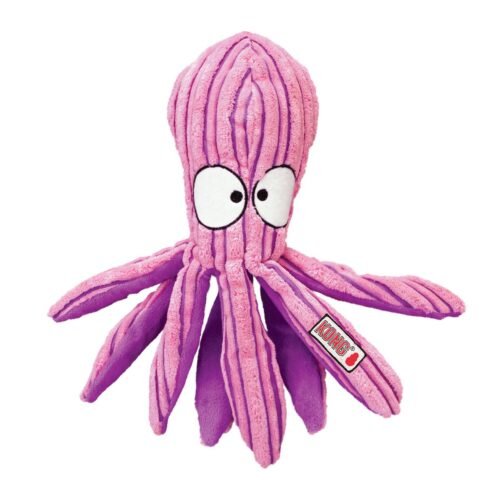 Primer plano del juguete de peluche para perro KONG CuteSeas Octopus Small con textura de pana rosa
