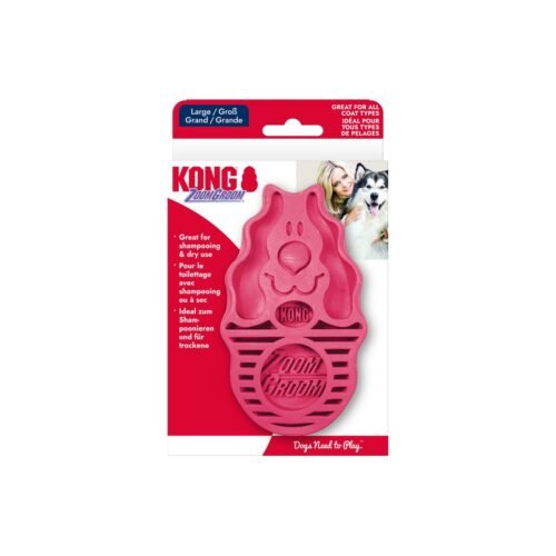 Empaque del cepillo para perro KONG ZoomGroom Raspberry Large con logo oficial de KONG
