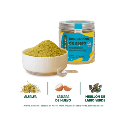 Ingredientes naturales: alfalfa cúrcuma mejillón de labio verde y chía