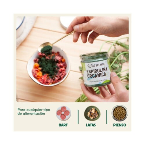 Administración de espirulina en comida BARF para mascotas